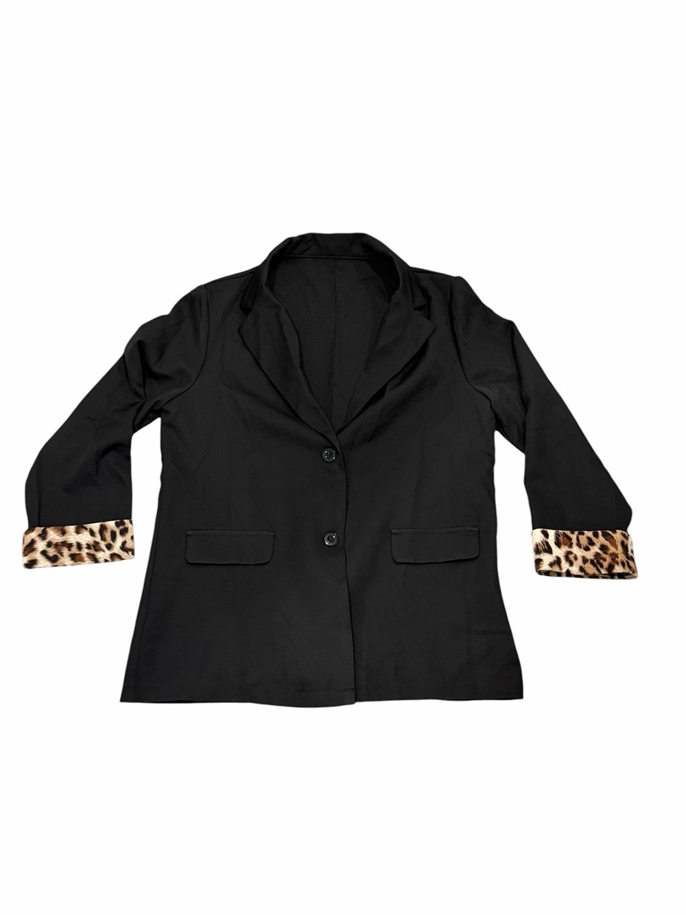 Women’s Black Blazer with Leopard Animal Print Wrist Cuff Size Large